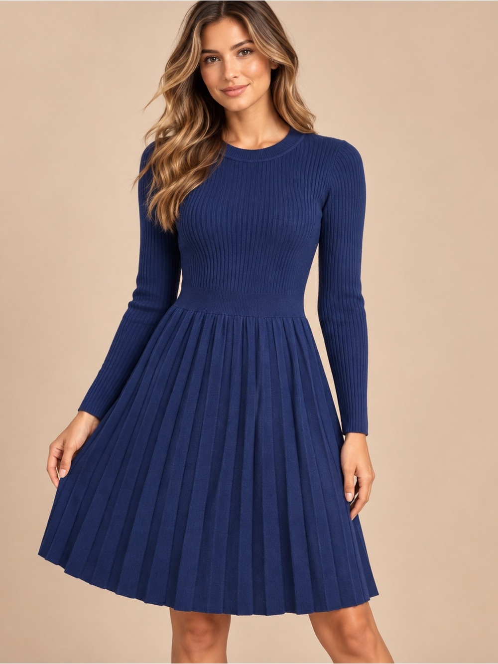 Classic Ribbed Pleated Midi Dress - Navy